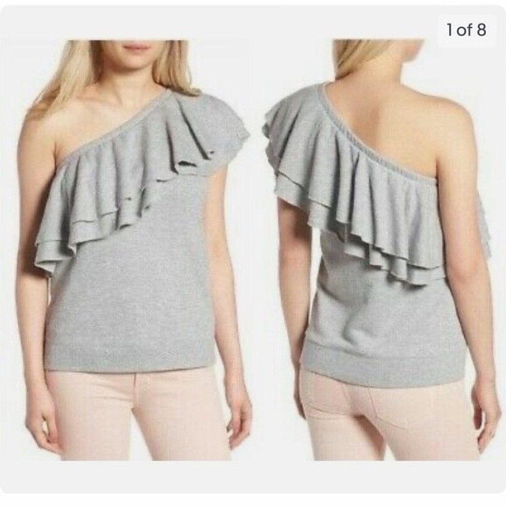 Chelsea28 Grey Ruffle One Shoulder Top Size Small - Picture 2 of 6